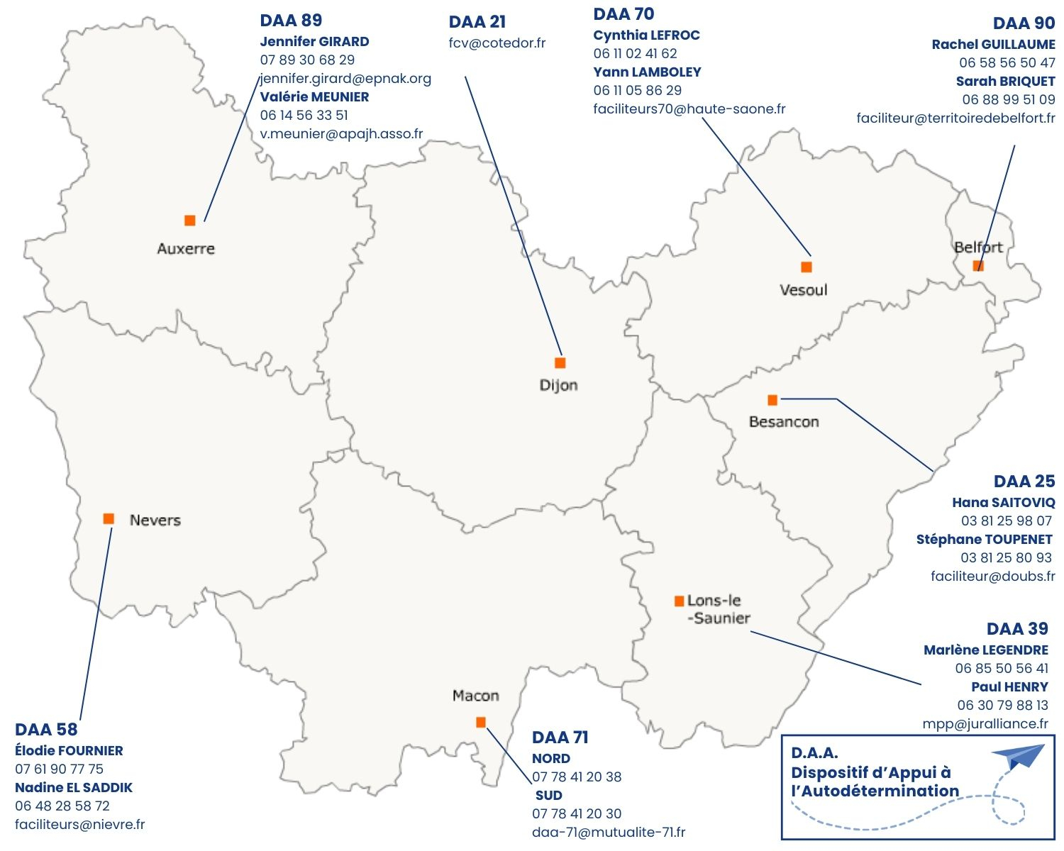 Carte présentant les coordonnées des DAA (voir détail ci-dessous)